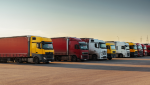 Row of parked colorful freight trucks