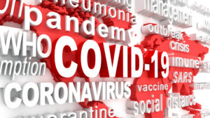 COVID-19 coronavirus text over red world map