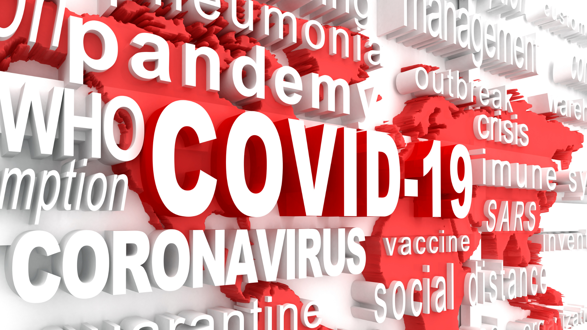 Graphic of COVID-19 pandemic-related terms such as 'pandemic', 'WHO', 'coronavirus', 'vaccine', and 'social distance' in red and white, with the word 'COVID-19' prominently featured in the center.