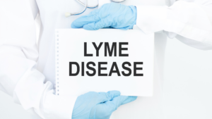 Gloved hands holding Lyme disease sign