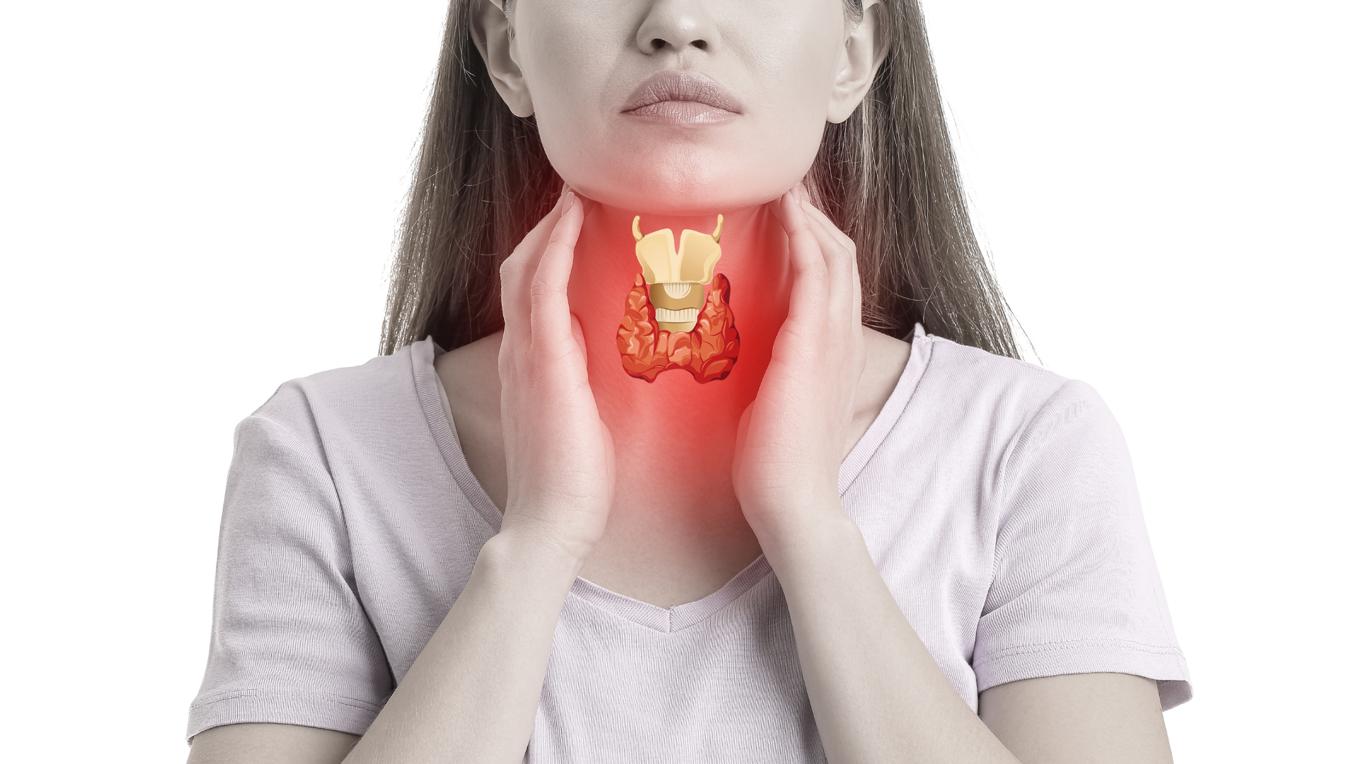 A woman massaging her neck, in her neck is a visible demonstration of a painful thyroid gland.