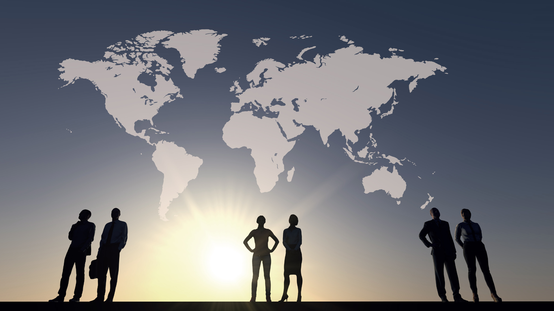 Silhouettes of business professionals standing in front of a world map at sunrise, representing global partnerships and international trade missions. The image conveys the impact of Canadian business leaders, like those from Spectrum MDX, on global healthcare markets through initiatives like the Asia Pacific Foundation of Canada's Women-only Business Mission.