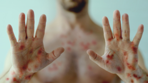 Hands and chest with red blistered rash