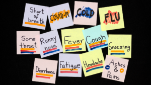 Colorful sticky notes listing common illness symptoms