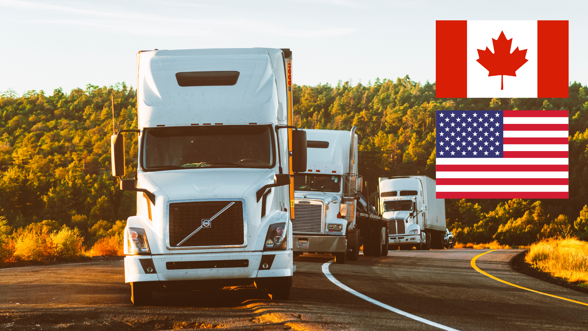 Trucks driving along a winding road with a forest in the background shipping medical devices. Canada and USA flag parallel on the top right of the image.