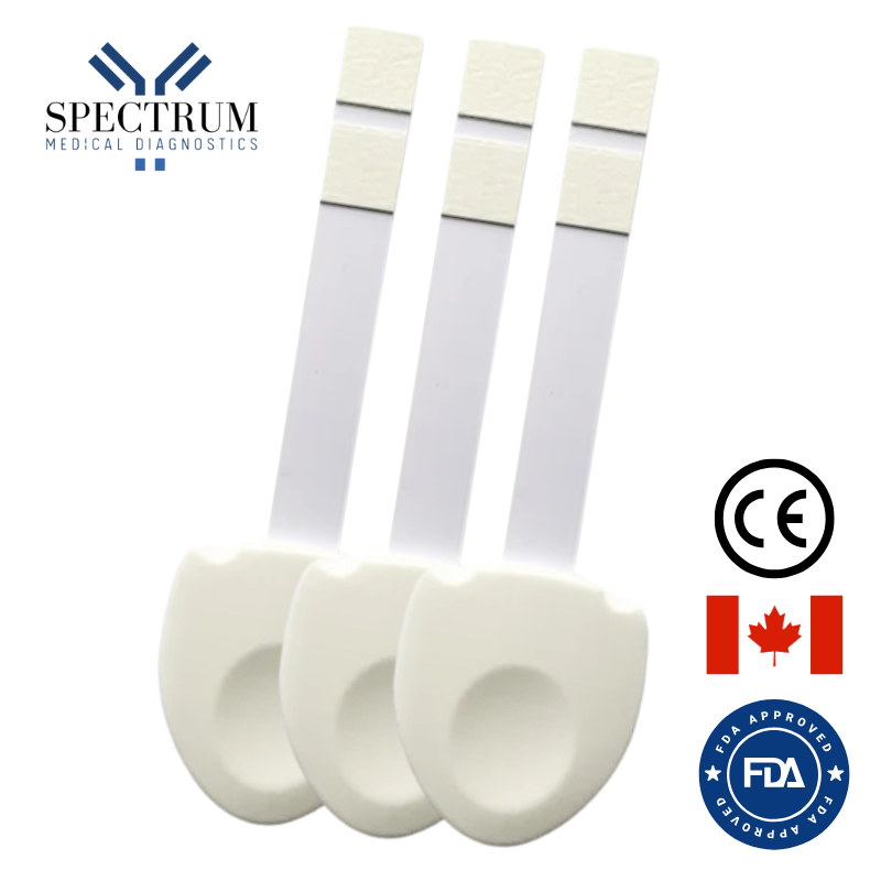Three UTI Test Strips lined up side by side with the Spectrum Medical Diagnostics logo at the top left. CE, Canadian Flag, FDA Approved logo at the bottom right.